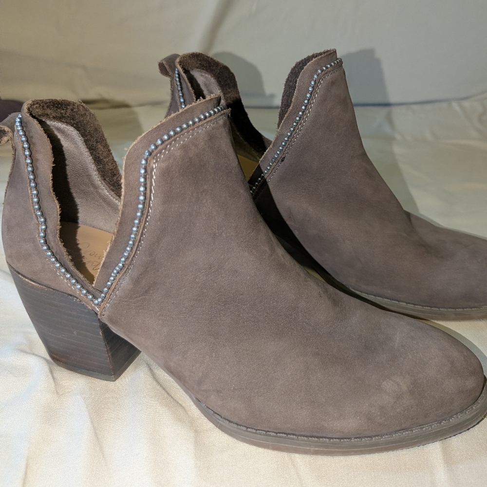 Crown Vintage Brown Suede Cutout Ankle Booties with Stud Trim